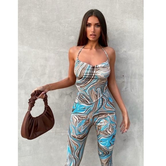 Blue Marble Print Sleeveless Backless Crop Top and Leggings Pants Two Piece Set - Picture 11 of 16